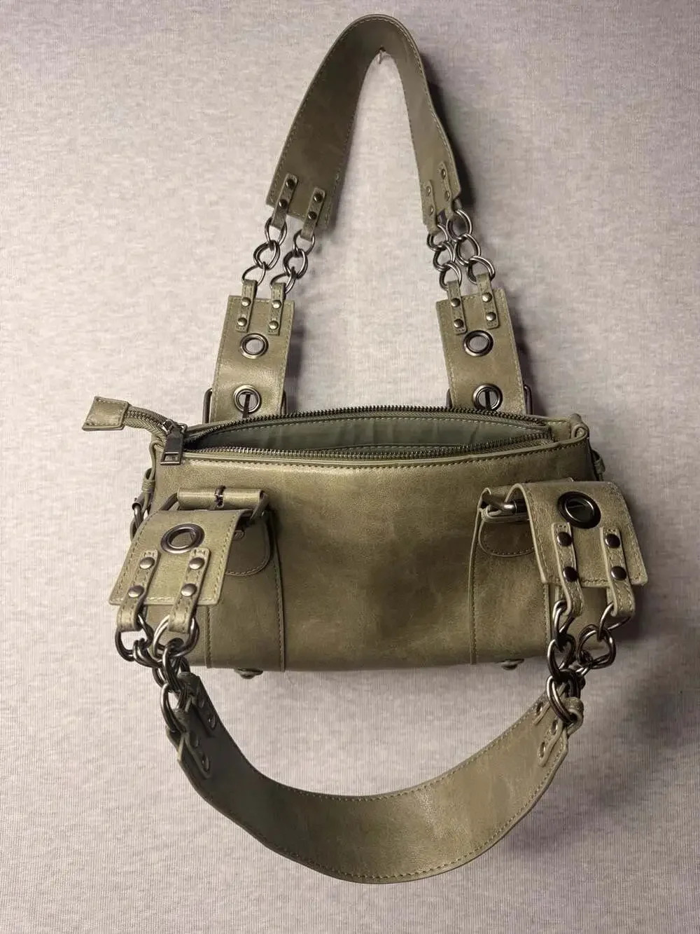 Silence & Noise Faux Leather Shoulder Bag in Sage Green with Buckle and Chain De
